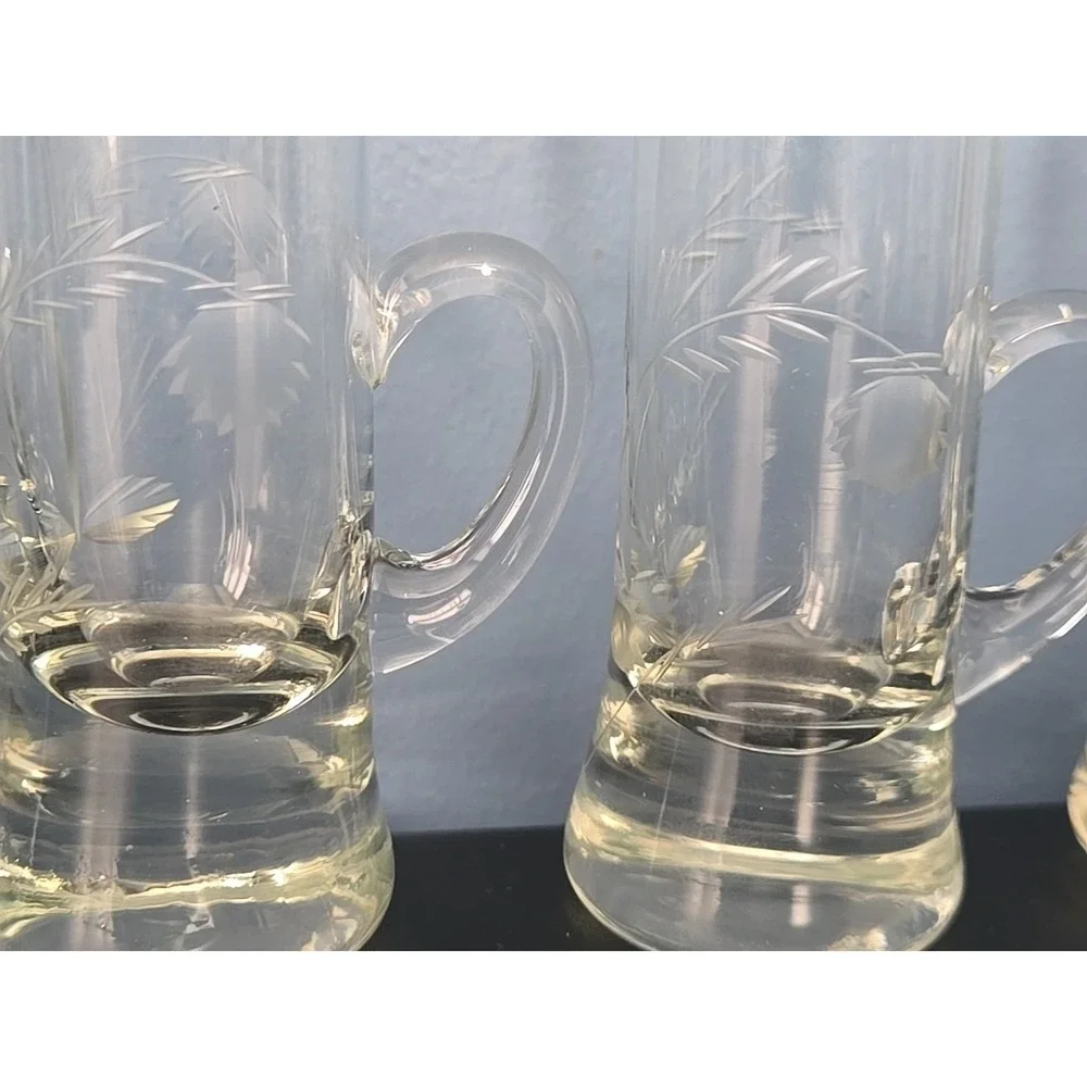 4 Vintage Etched Wheat Glass Handled Cordial‎ Liqueur Aperitif Shot Glasses